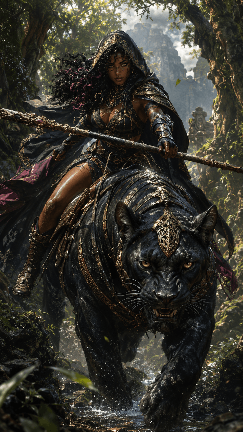 AI generated: Epic fantasy editorial illustration of a hooded adventurer riding a massive panther-like beast throu...