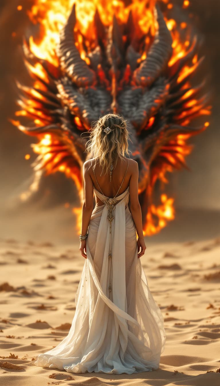 AI generated: a full body view  of a stunning woman princess with minimal wearing, barefoot on sandy floor, and in...