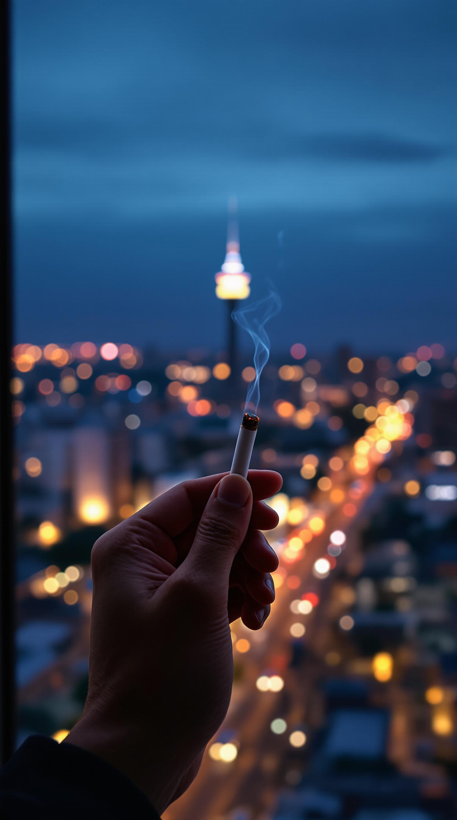 AI generated: pov first-person, i am standing by the open window, smoking a cigarette. only my hand and the cigare...