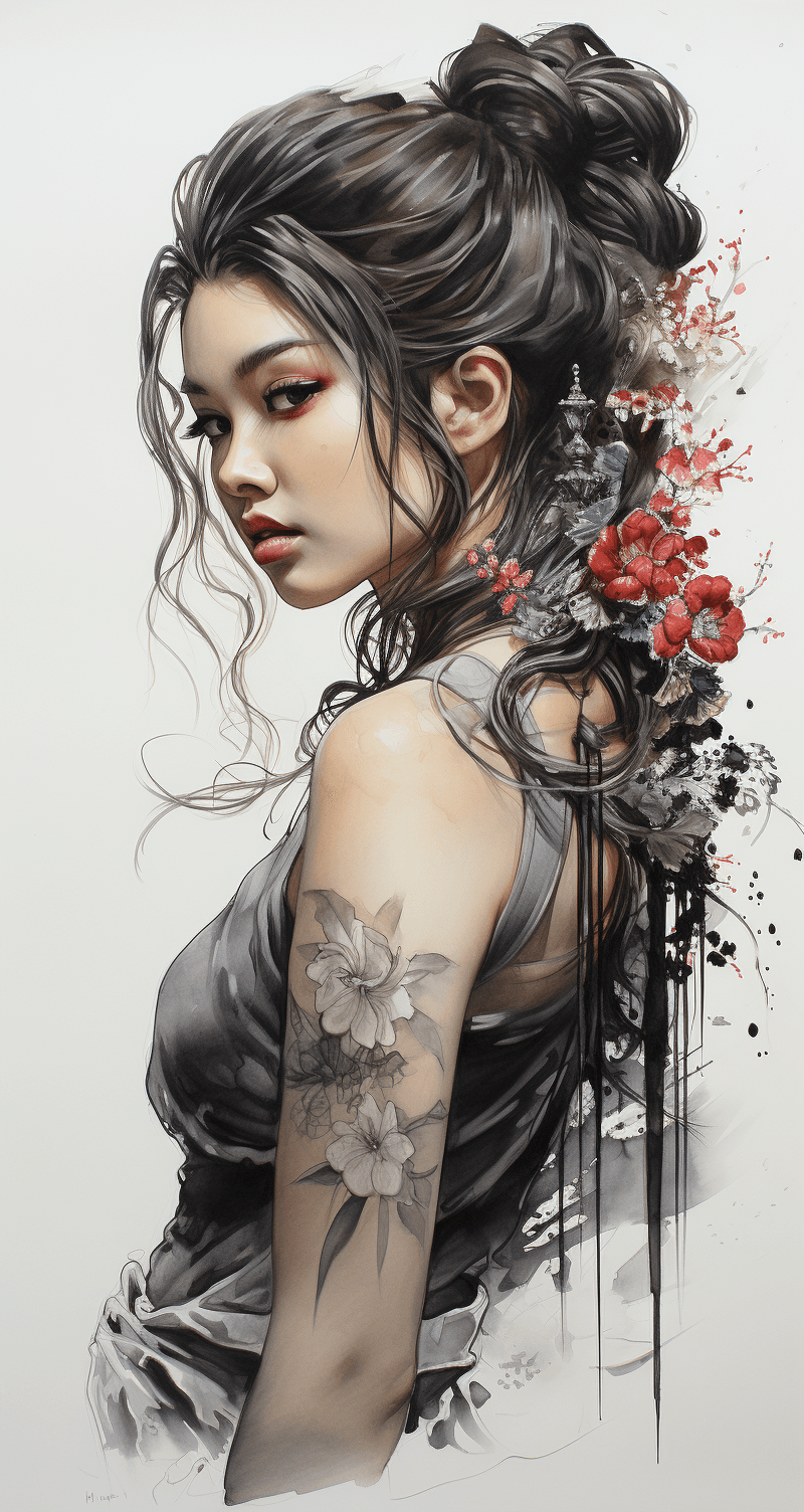 AI generated: Japanese ink drawing of a stunning Japanese woman, side view, face only, traditional attire --ar 68:...