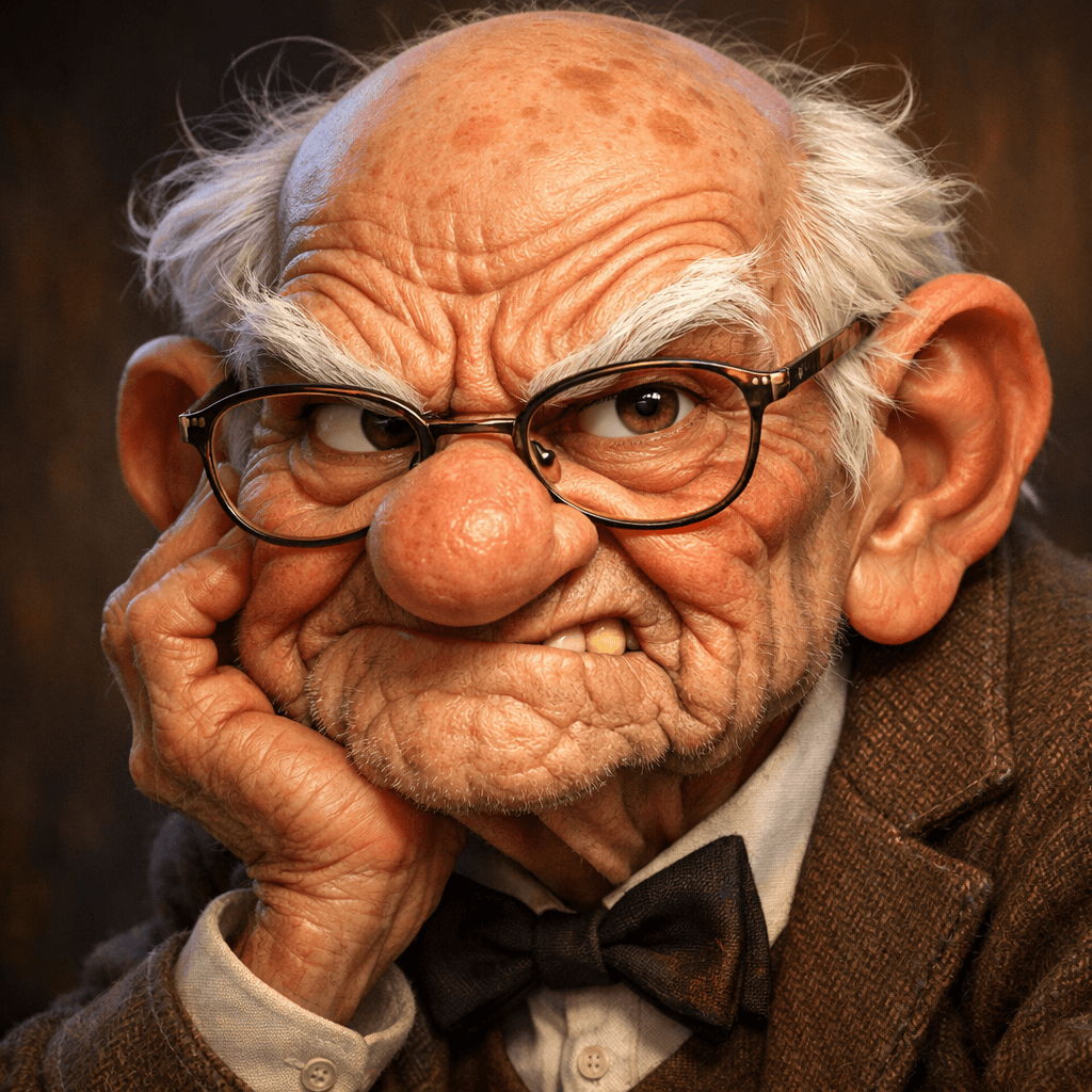AI generated: Expressive caricature in pixar style unreal charming seemingly mischievous irritated very old man wi...