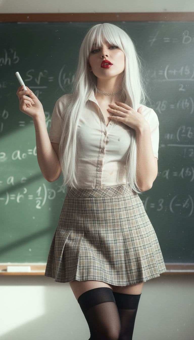 AI generated: Alluring math teacher by the blackboard", "appearance": "Straight white - blonde hair with bangs, po...