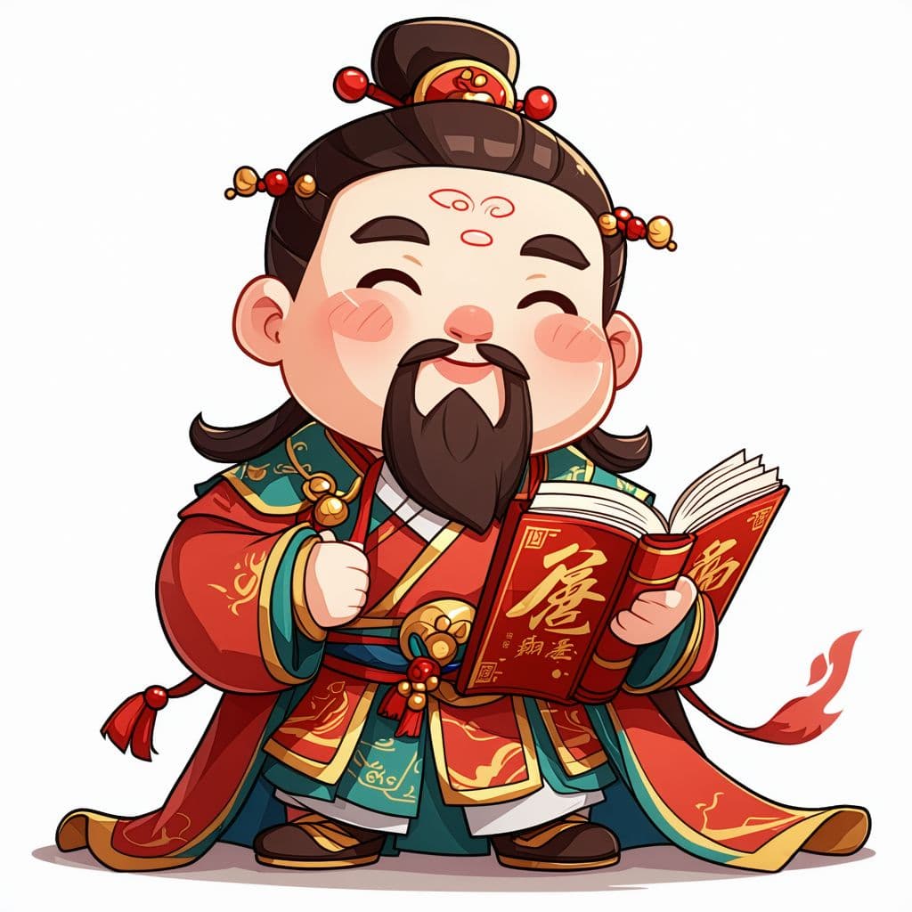 AI generated: Draw a lovely image of the Chinese god Wu Cai Shen Guan Sheng Dijun . Give it a red rounded facial c...