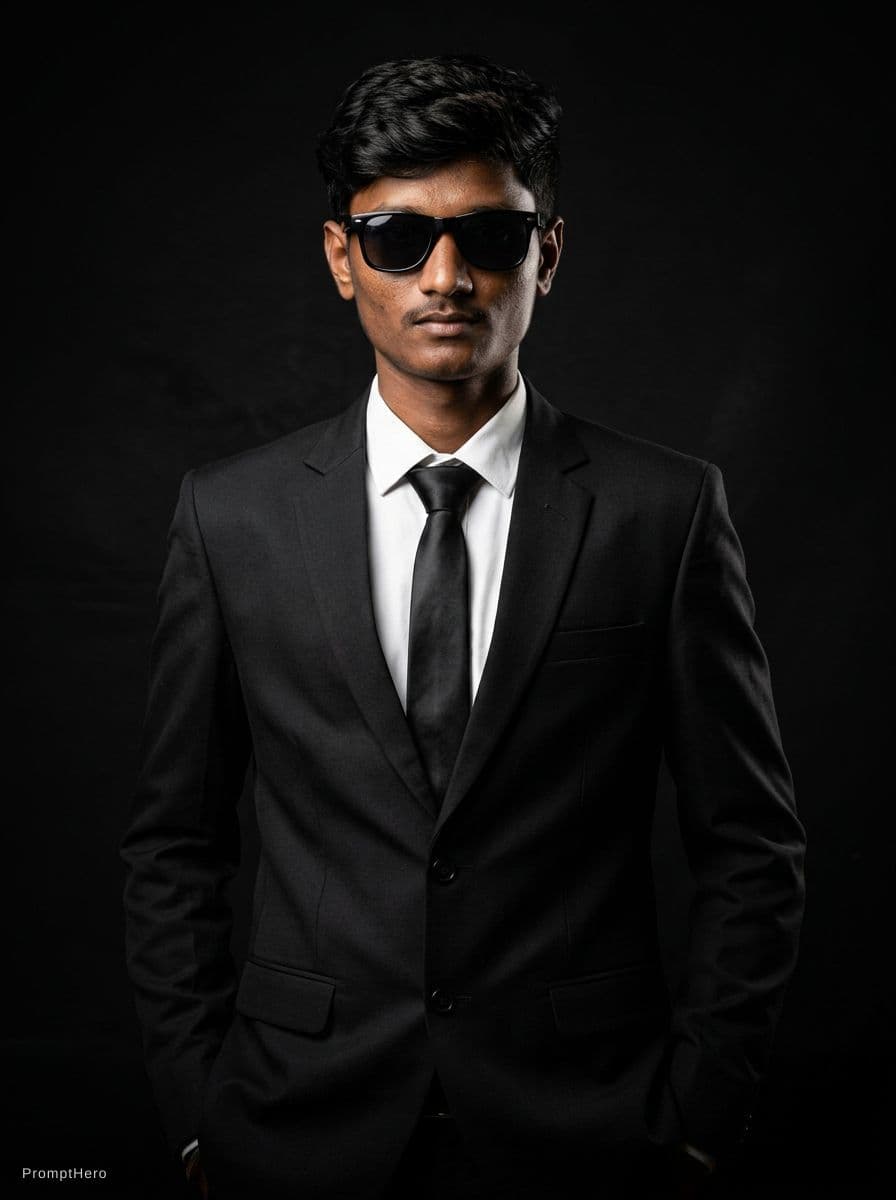 AI generated: A professional portrait of a young man wearing a black suit and sunglasses, studio lighting, dark bl...