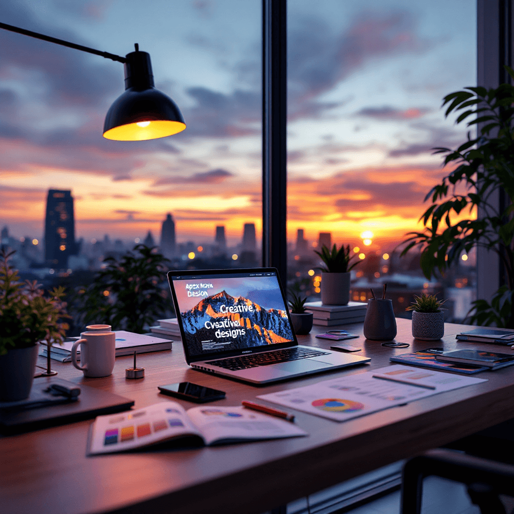 AI generated:         "An elegant office workspace at sunset, featuring a desk with a laptop displaying creative v...