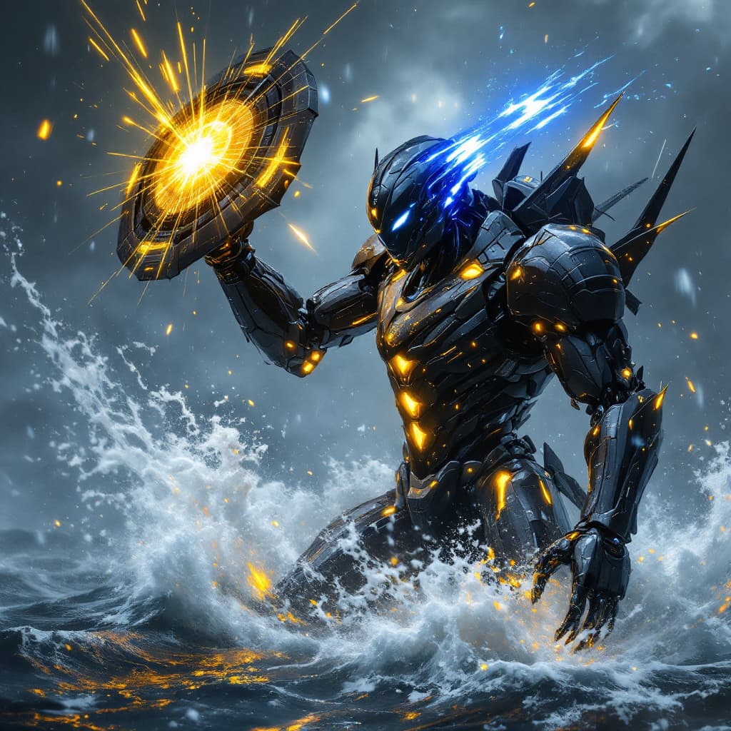AI generated: A sleek, black metallic futuristic robot with glowing yellow accents reminiscent of Hanfu is battlin...