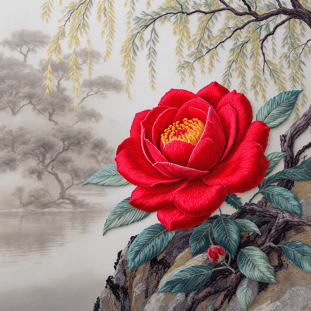 AI generated: A hyper-detailed single red camellia created in traditional Chinese Guangdong embroidery style, with...