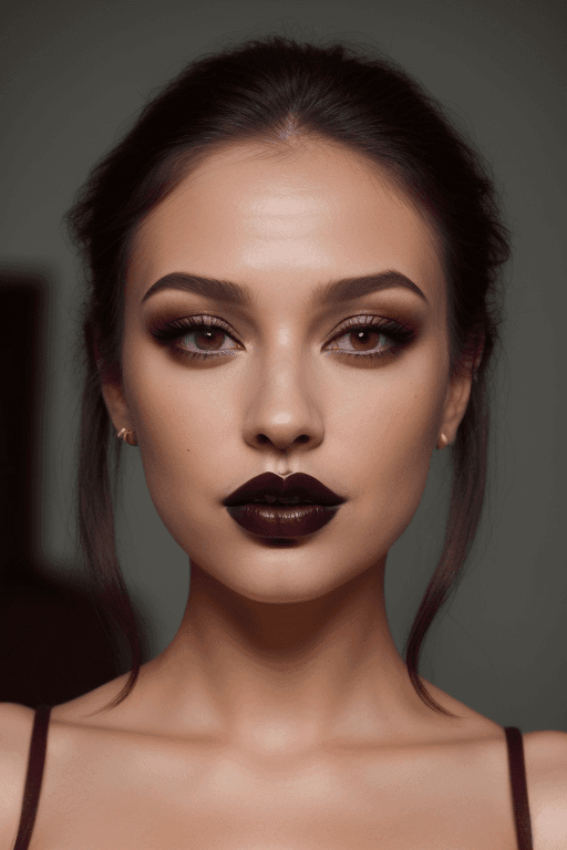 AI generated: DARK MAROON LIPSTICK, FULL LIPS, BITING
