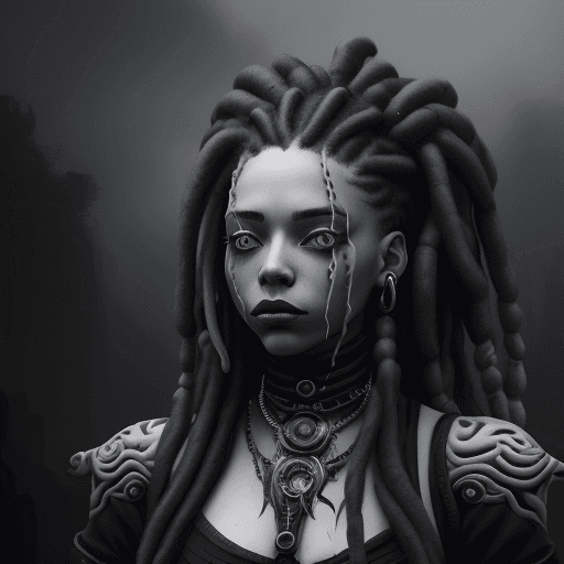 AI generated: a female with fake dreadlocks in black and white, in the style of fantasy-inspired art, hard edge pa...