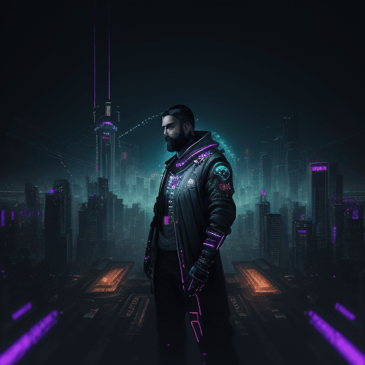 AI generated: young male, medium beard, Cyberpunk Night City, black hole, singularity, apocalypse, nihilism, Cthur...
