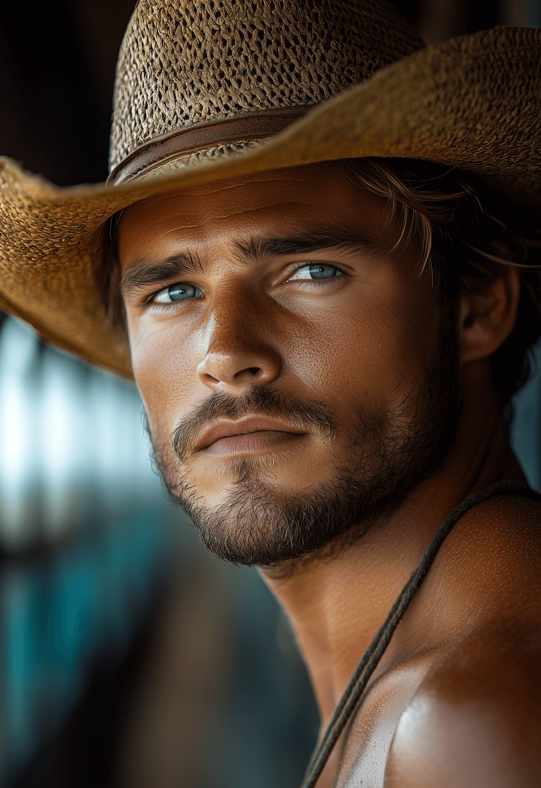 AI generated: Photograph of a handsome young cowboy leaning against the side rail in his stables, hairy, skin, abs...