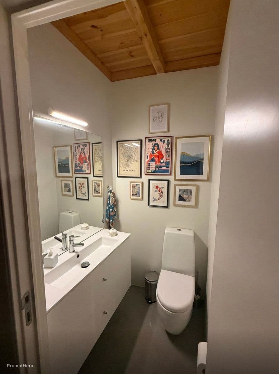 AI generated: Create a gallery wall on the wall where the picture is. Keep everything else exactly the same.
