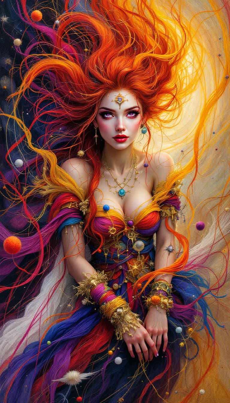 AI generated: "Scarlet Weaver in a Textile Vortex": A mesmerizing abstract painting showcases a weaver, with both ...