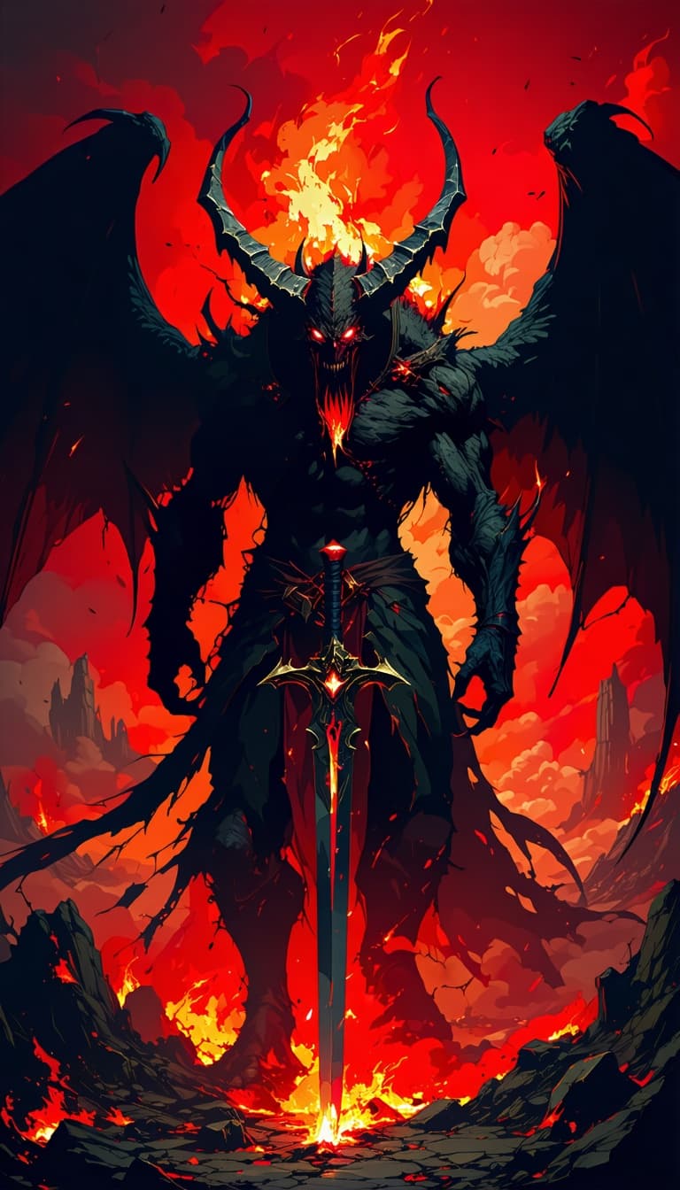AI generated: erotic demon,very angry ,glowing eyes,with a sword,in hell,wings