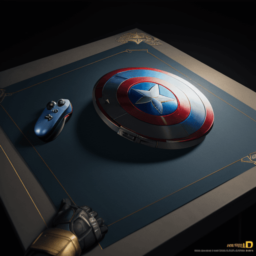 AI generated: Gamepad on the table with the design and character of Captain america The gamepad is gold and blue d...