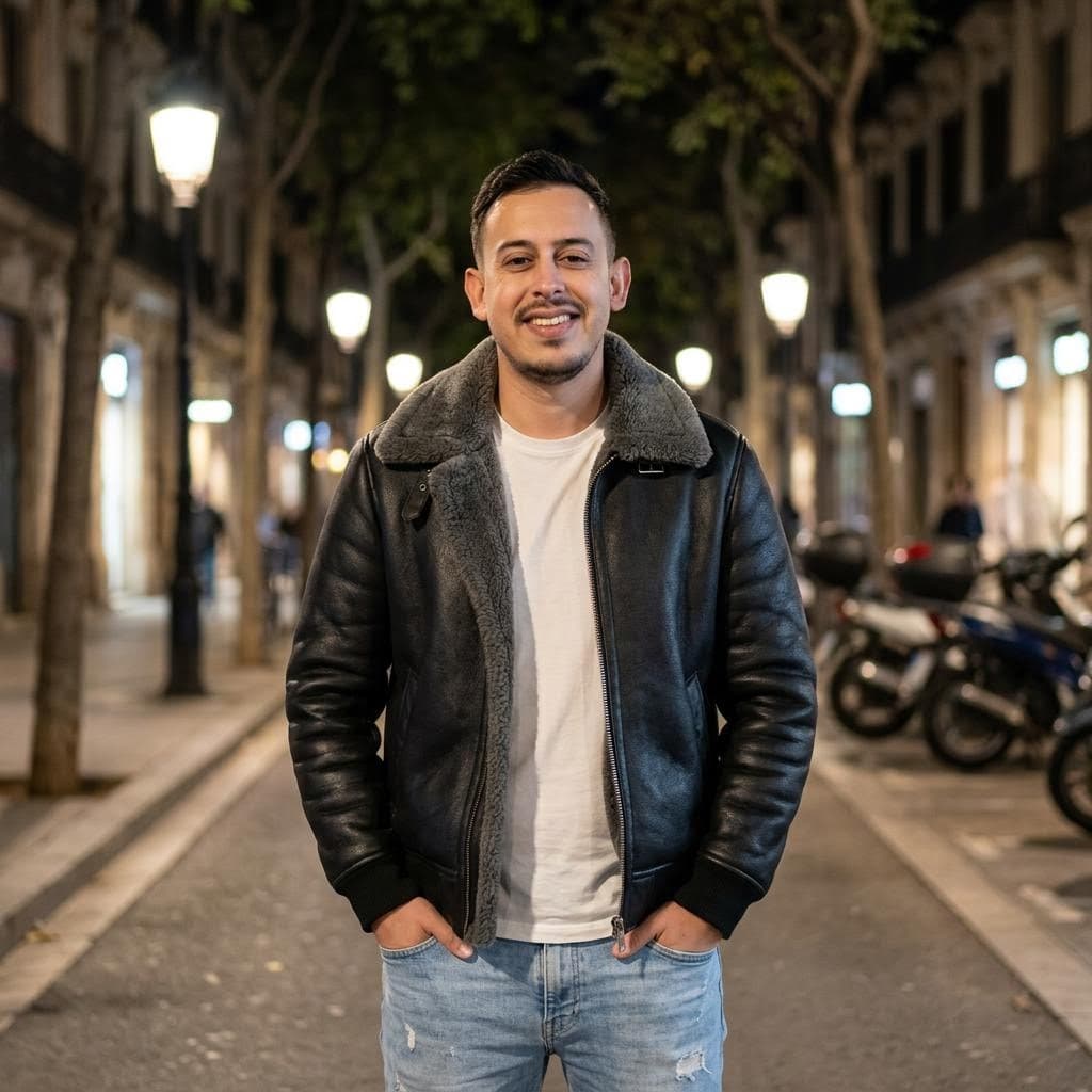 AI generated: A young handsome Spanish man in his late 20s, smiling confidently at the camera, dark short styled h...