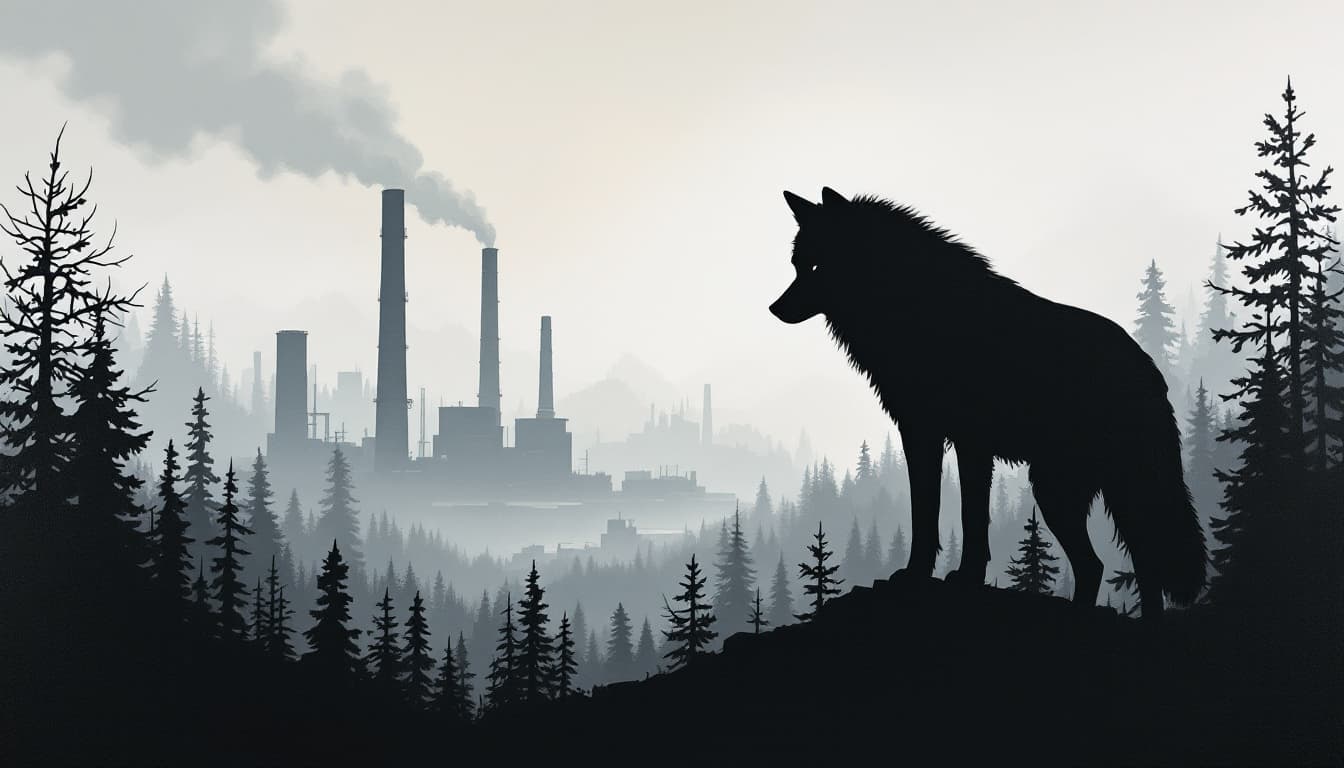 AI generated: oil painting, silhouette of a wolf, head down, low tail, background factories, big chimneys, hunters...