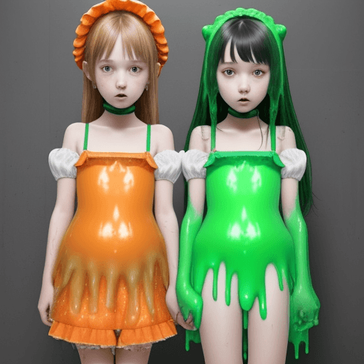 AI generated: 2girl 9 years old have sex, ((loli, flat brests)), orange and green blue soaked ((separate dress)) w...