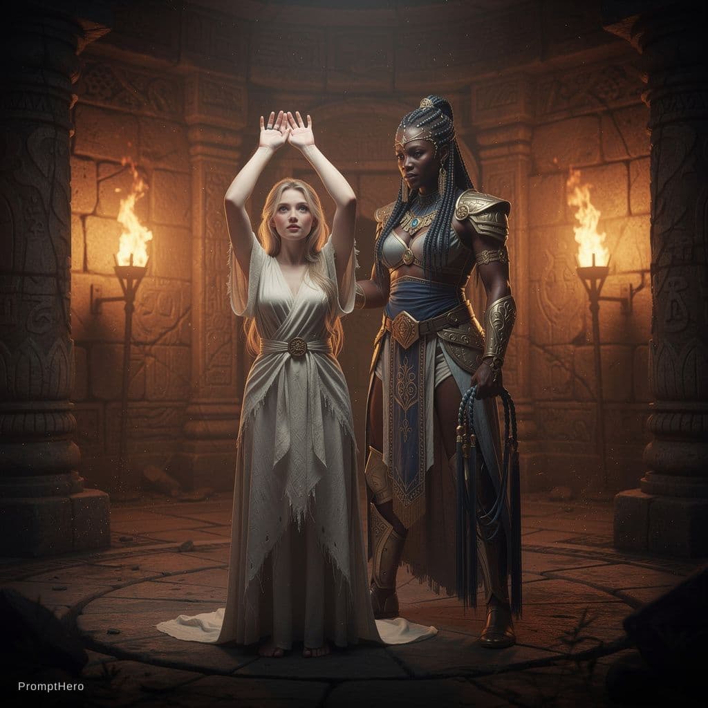 AI generated: Realistic fantasy style, dimly lit ancient stone chamber in a decadent lost city, torchlight flicker...