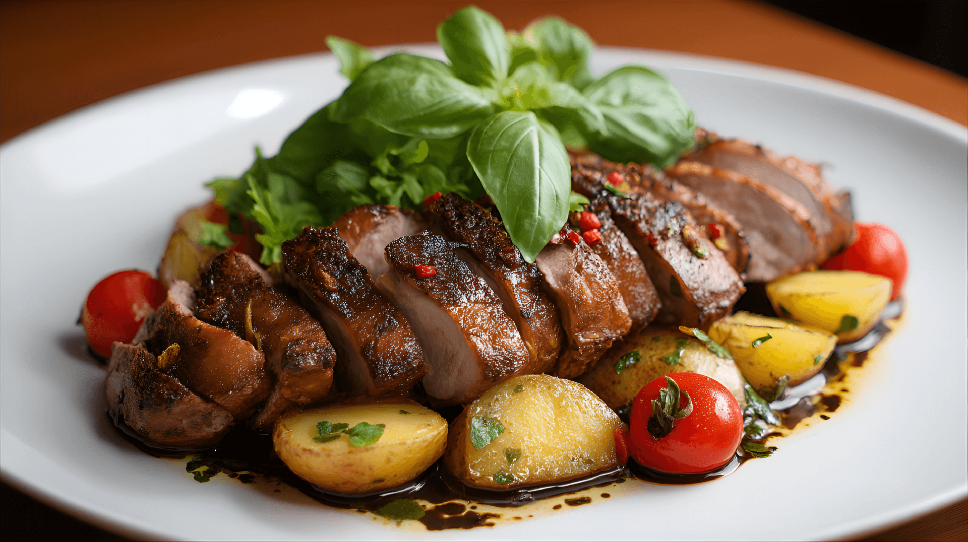 AI generated: plate of sliced roasted meat, garnished with roasted potatoes, cherry tomatoes, and fresh green lett...