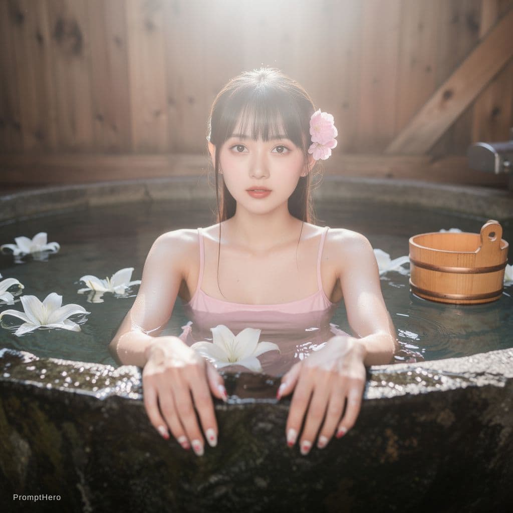 AI generated: A high-quality, photorealistic portrait of a beautiful young Asian woman soaking in a large, dark ru...