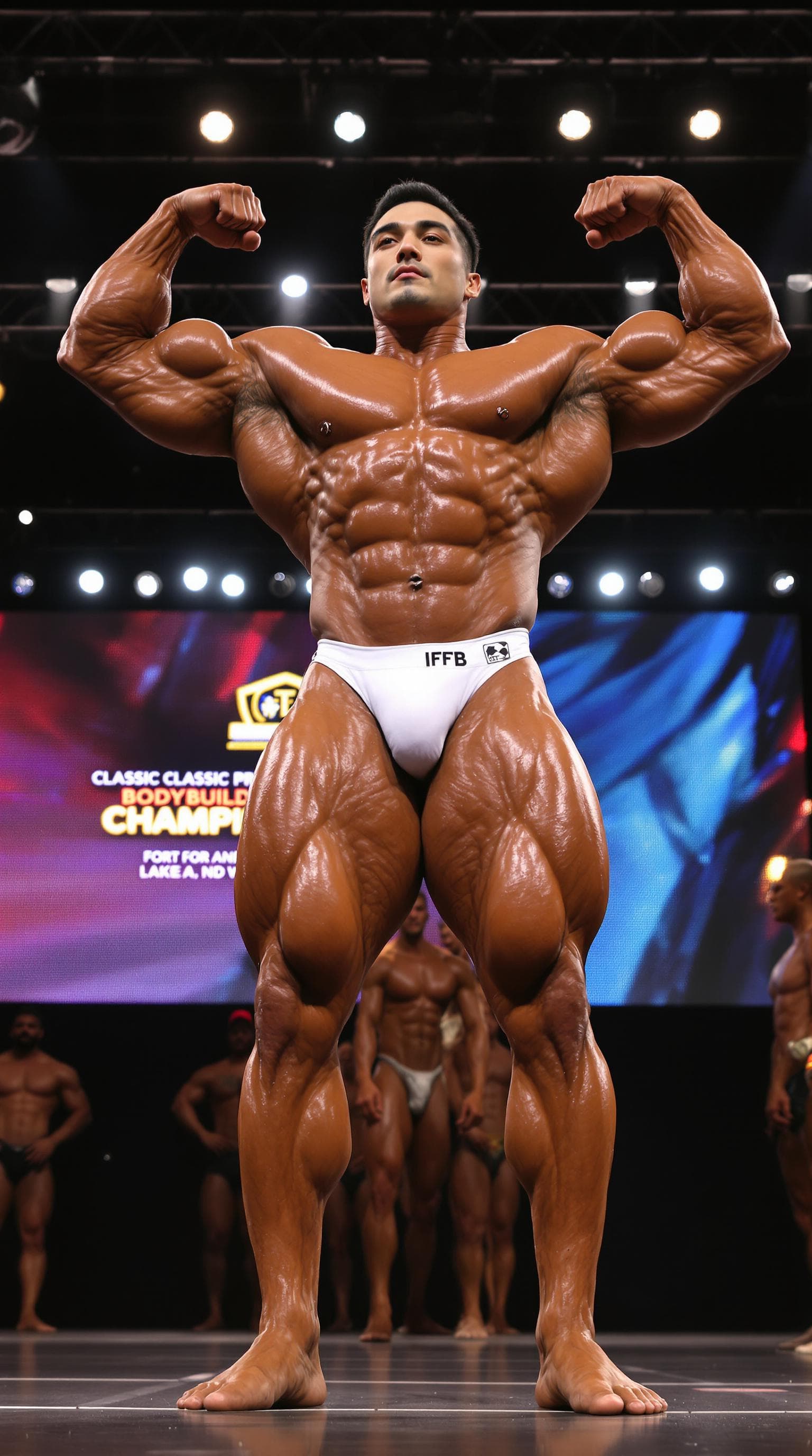 AI generated: A massive, ultra-muscular, handsome Korean IFBB pro bodybuilder in the heavyweight Classic Bodybuild...