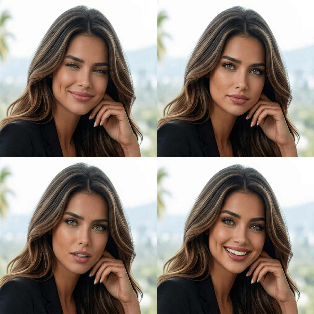 AI generated: 4 exactcly consistant tiny variations of facial expressions and head position typical of a video con...