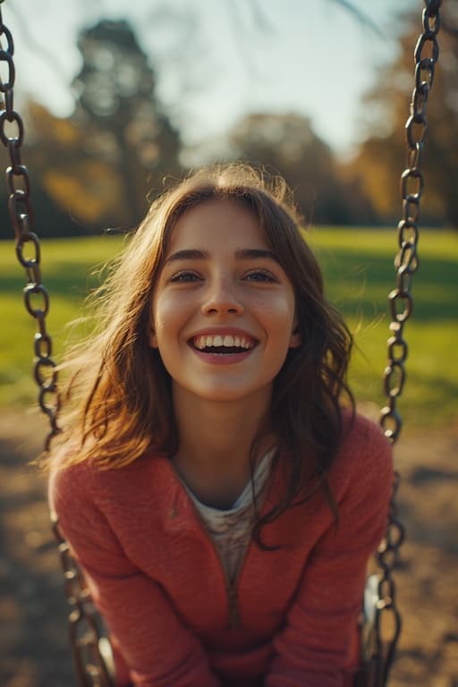 AI generated: girl at a park, on swings, forward, joyous, close-up