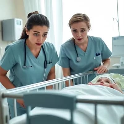 AI generated video: 2 nurse shockingly looking at the cradle, shocking expression 