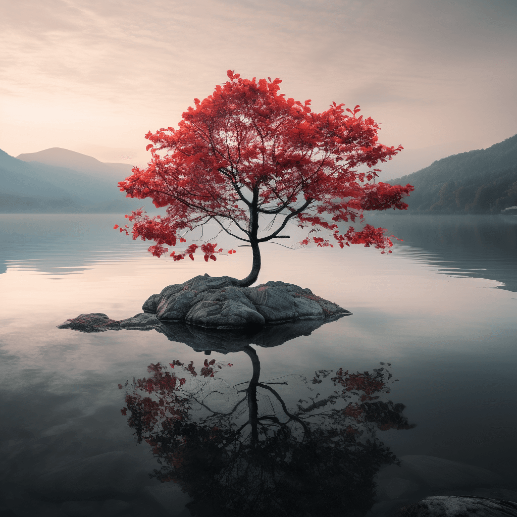 AI generated: hyper realistic professional photo of a tree with red leaves standing in the middle of a very large ...