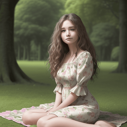 AI generated: A woman sitting on a blanket in a park, wearing a light floral dress with one leg bent and crossed o...