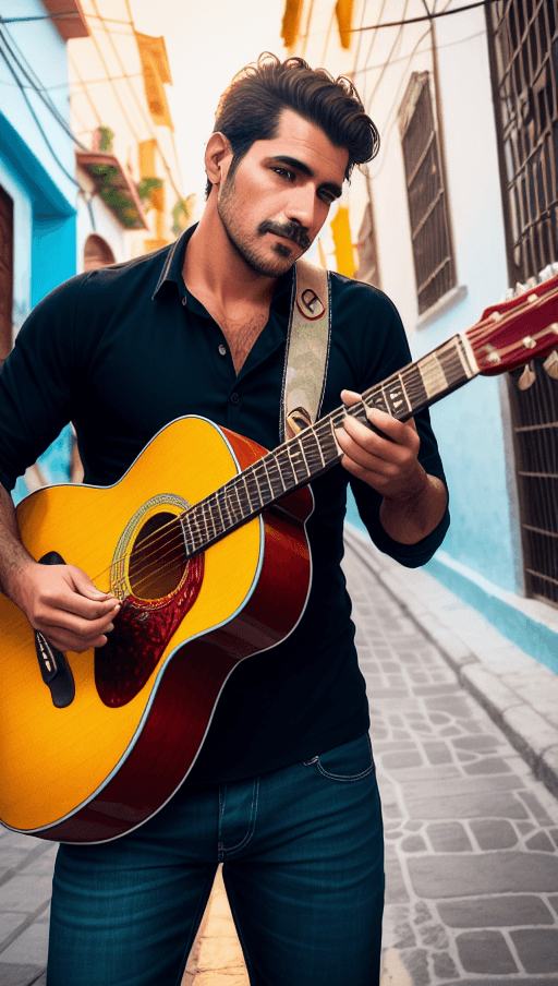 AI generated: Sexy man playing guitar in Mexico around the street, street background, cybercity, looking at the ca...