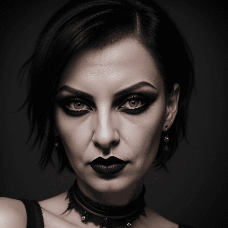 AI generated: hyper realistic headshot photo of a 40 year old italian, gothic woman, elegant, short black hair, sl...