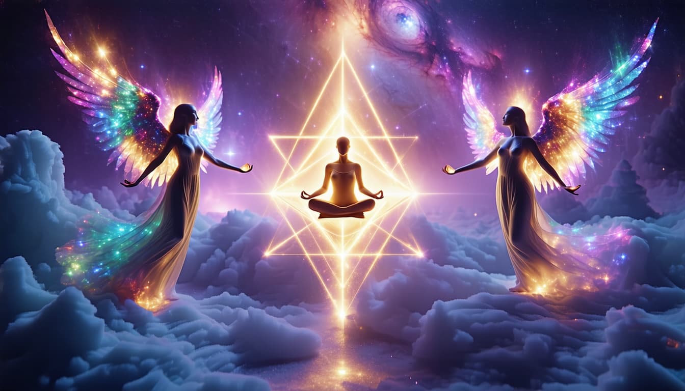 AI generated: YouTube thumbnail 16:9, cosmic, symmetric scene. At the center floats a golden luminous merkaba/stel...