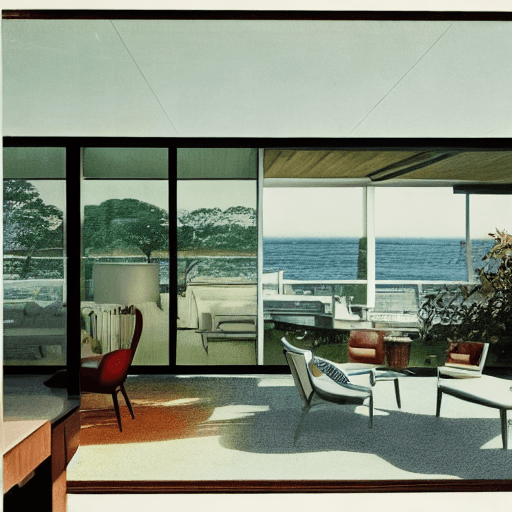 AI generated: Hyper realistic eye level exterior photo of a mid century modern style house overlooking the ocean, ...
