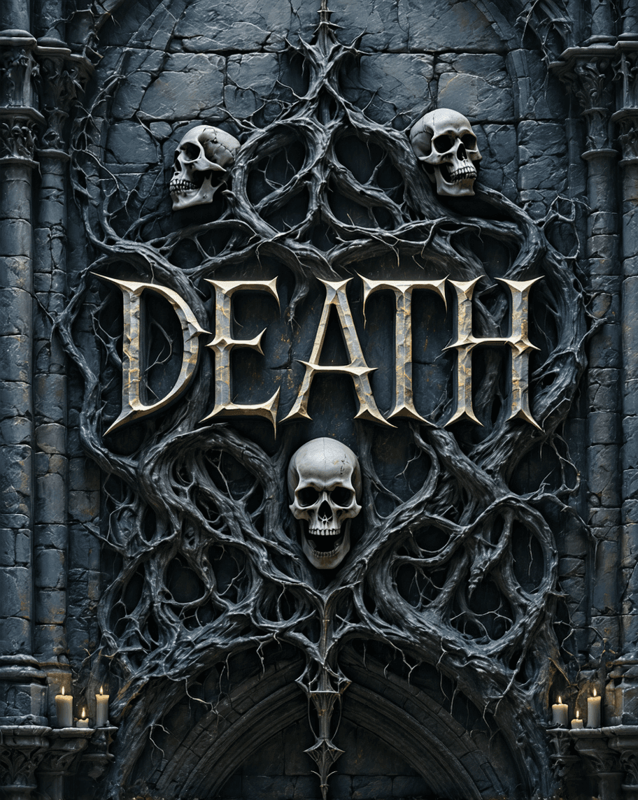 AI generated: 
Ultra-high resolution 16K render of the word "DEATH" in intricate gothic typography, each letter fo...