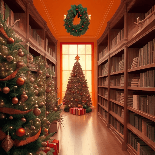 AI generated: there are books on a shelf with a christmas tree lay out, vertical symmetry, spears, relentlessly de...