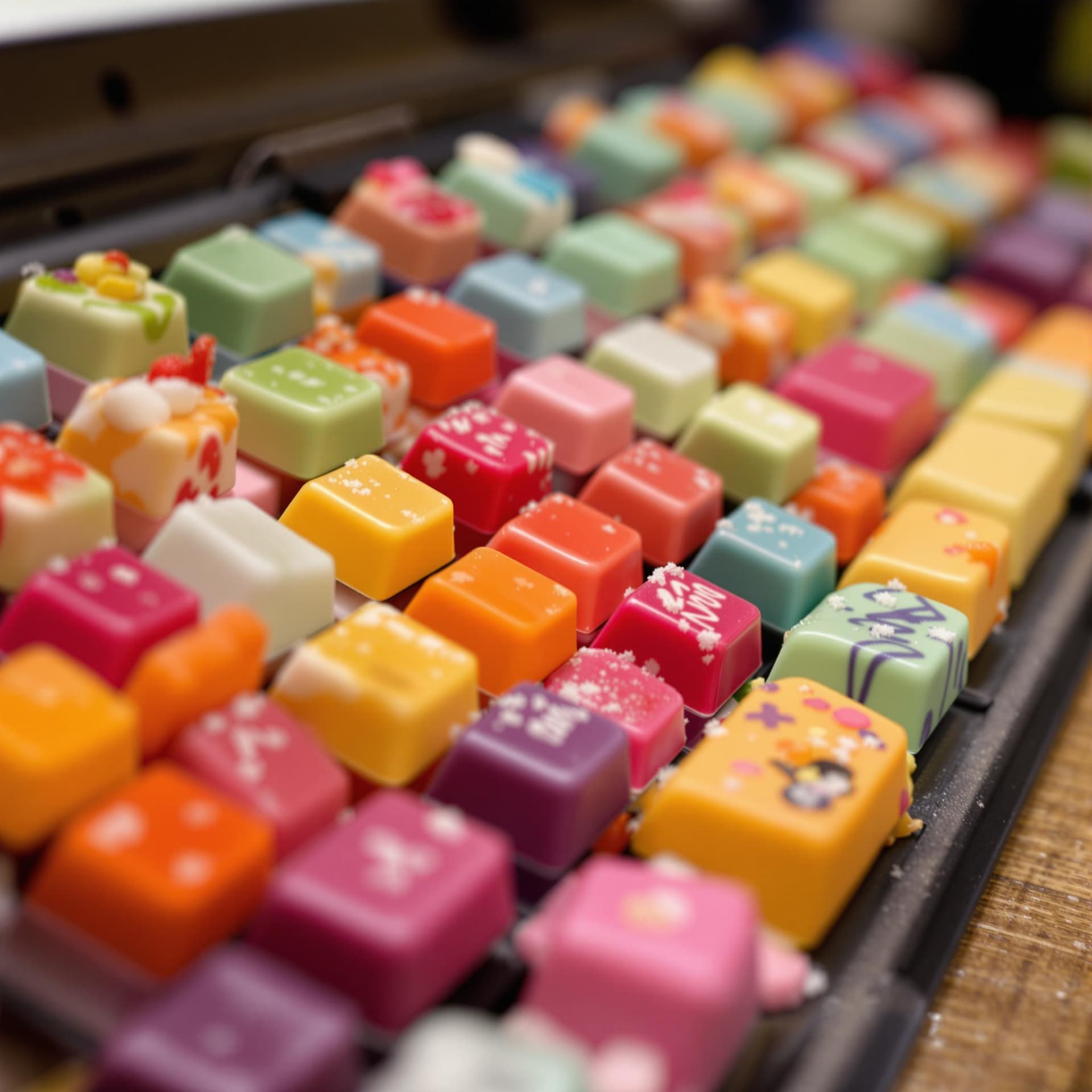 AI generated: A keyboard whose keys are made of different types of candy. Typing makes sweet, crunchy sounds. Audi...