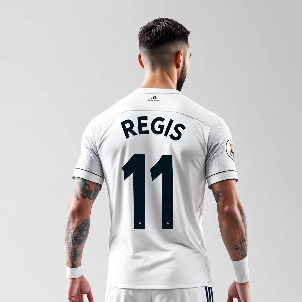 AI generated: Image 3D d'un joueur avec le maillot du Real Madrid et le nom Régis derrière le maillot 