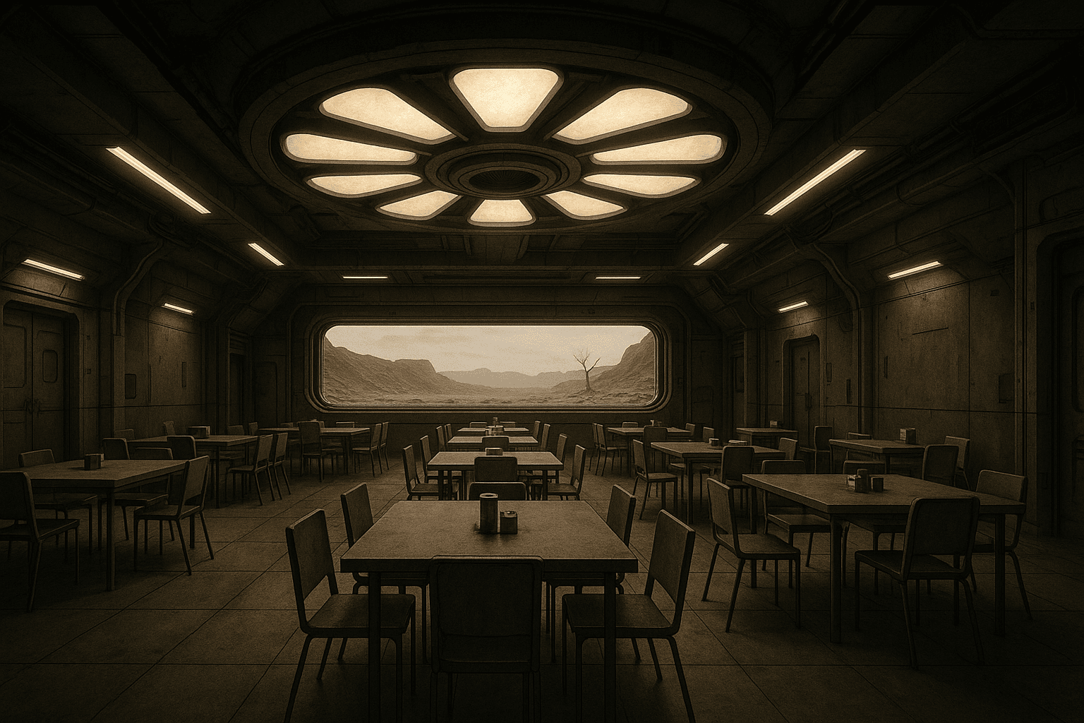 AI generated: A futuristic, industrial-style dining hall with a spacious, symmetrical layout. The room features sq...