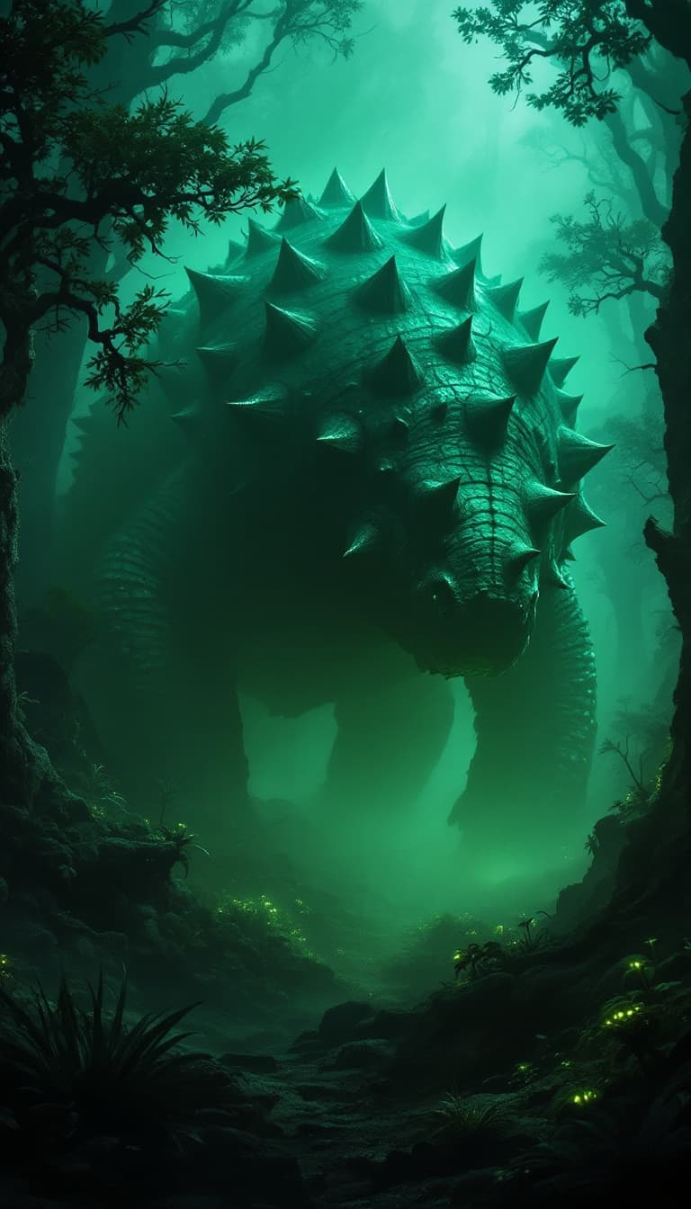 AI generated: A colossal Glyptodon, an ancient armored mammal, moving through a shadowy, prehistoric landscape. It...