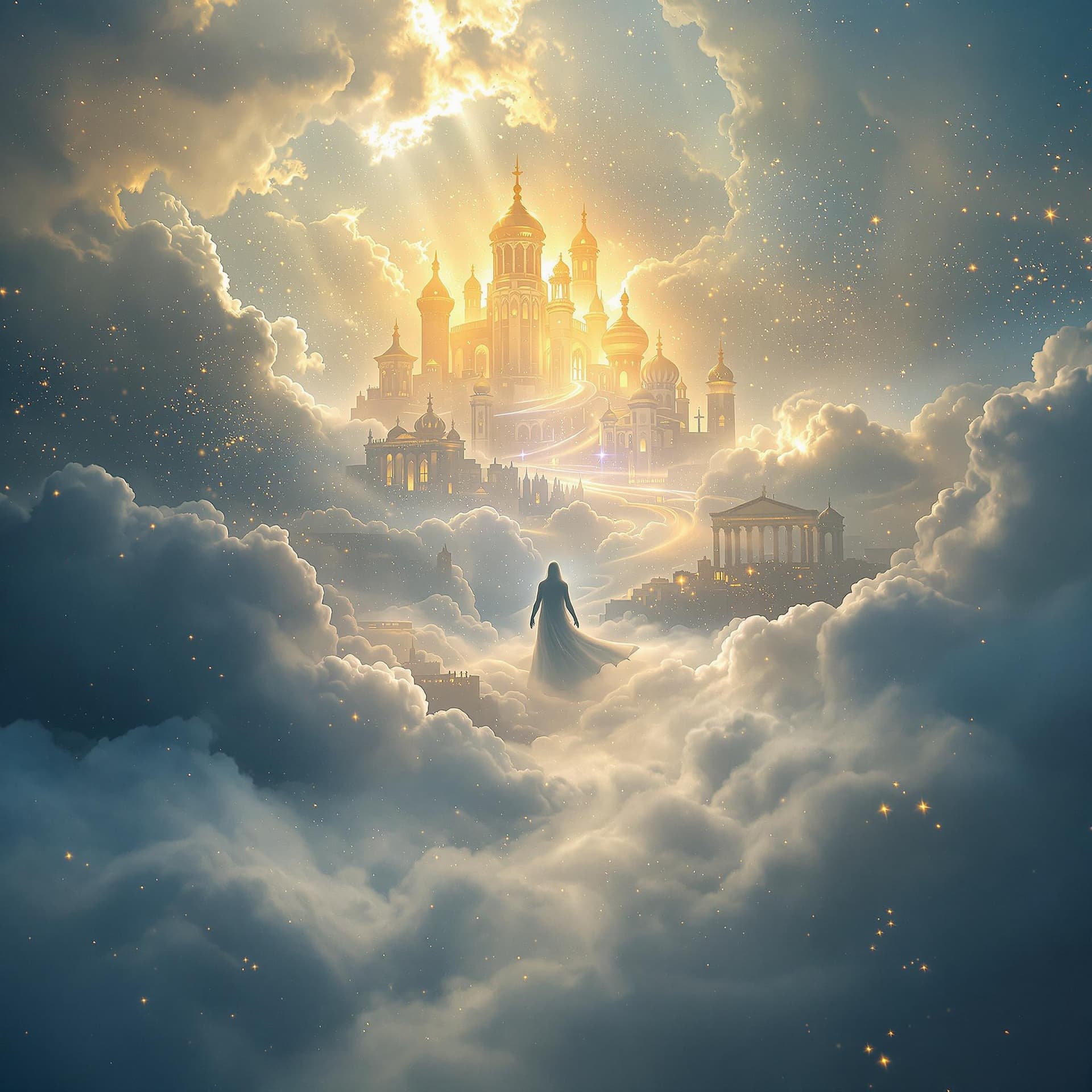 AI generated: A fine art, hyper-realistic, cinematic image of God's golden city of heaven spread out,  buildings B...