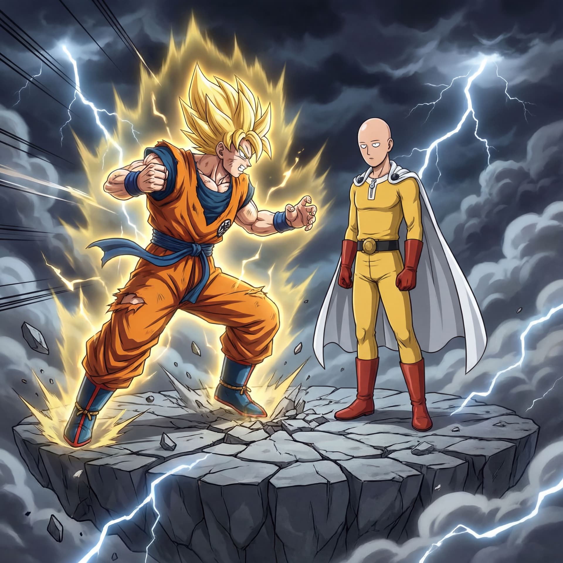 AI generated: A son goku powerful golden-haired by Dragon Ball Z. and a saitama  By One Punch Man martial artist f...