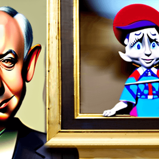 AI generated: Benjamin Netanyahu as Pinocchio Marionettes, cuddly, arrogant, powerful, high fantasy, epic, cinemat...