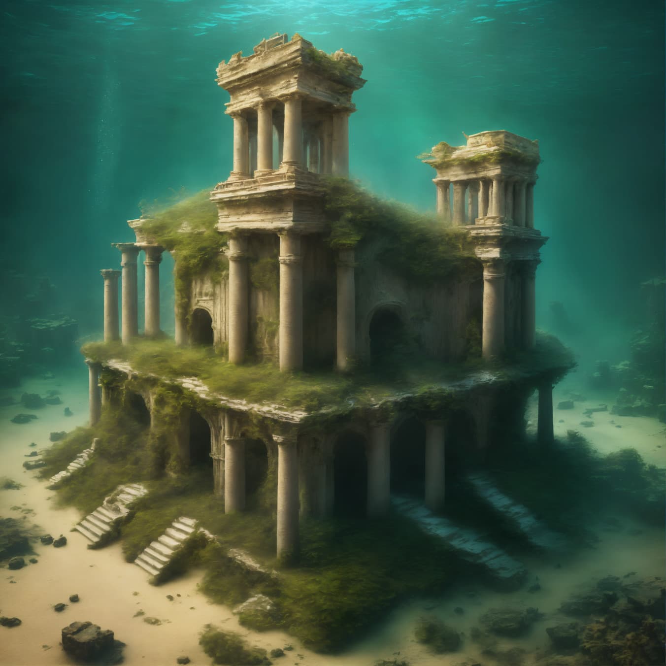 AI generated: ((Realistic Photograph) wide aerial view ((underwater)) from above the seabed of a sprawling Lost ci...