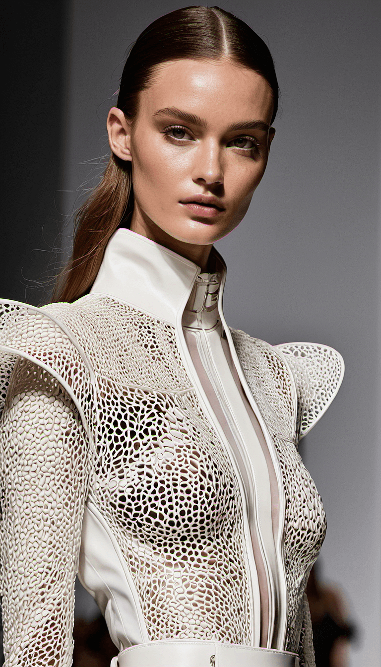 AI generated: An elegant female super model at London Fashion Week, wearing a costume designed by Thom Browne with...