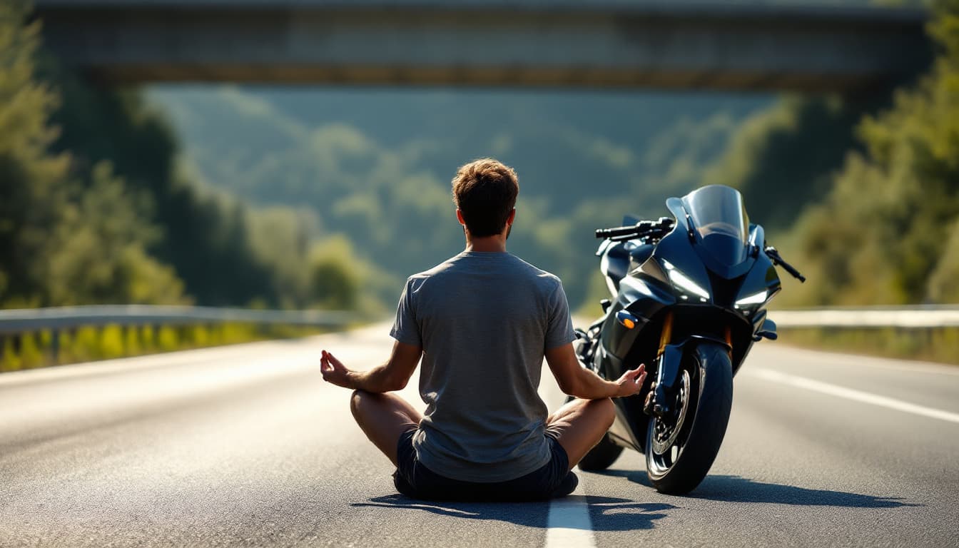 AI generated: man sits in meditative pose on the highway near his sports motorcycle