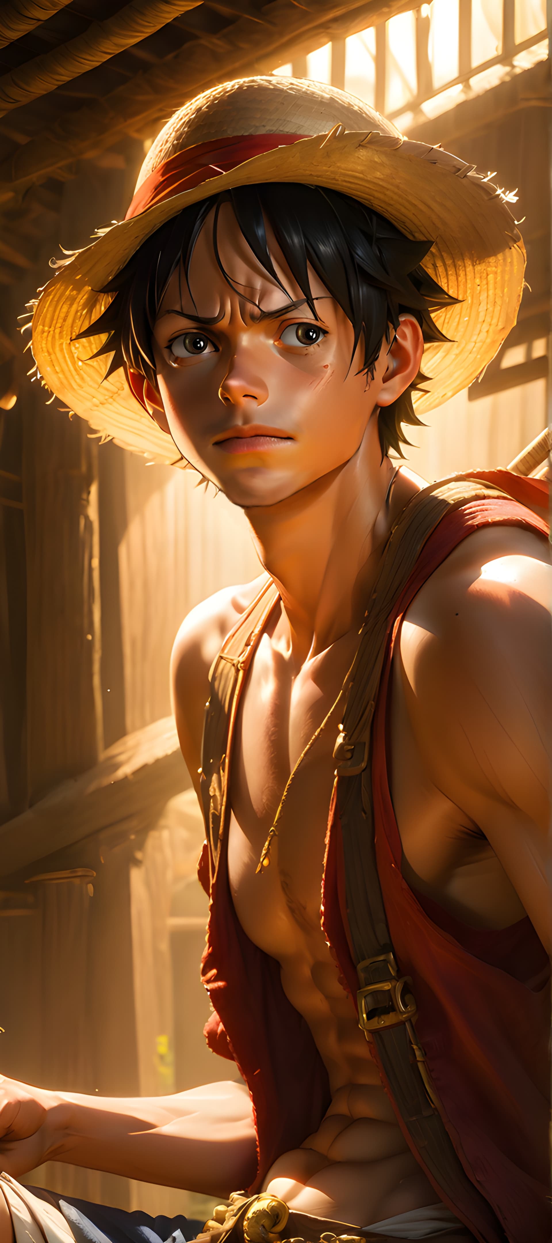 AI generated: made by Emmanuel Lubezki, Daniel F Gerhartz, character of One Piece movie, Monkey D. Luffy, in straw...