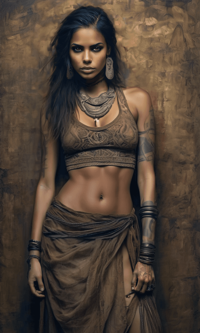 AI generated: A beautiful woman, slender, tribal meets bohemian, tattoos, piercing, bohemian jewelry, modern, text...