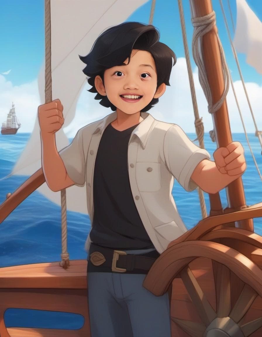 AI generated: Illustration, a big boat and 2 characters : A little boy name Luca with brown hair, Pixar style, on ...